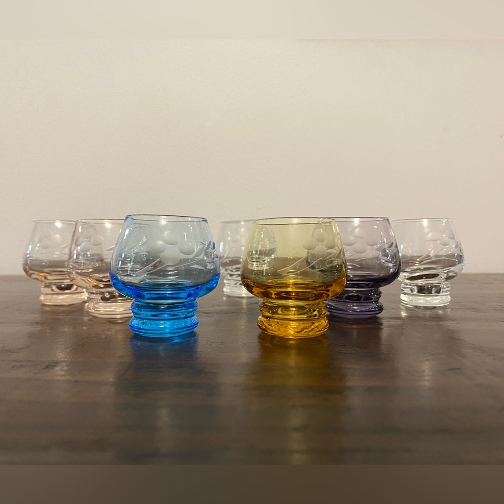 7 vintage colourful shot/brand/cordial glasses